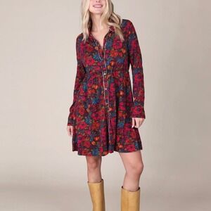 Natural Life Christa Knit Long Sleeve Cotton Button Mini Dress Vibrant Floral S
